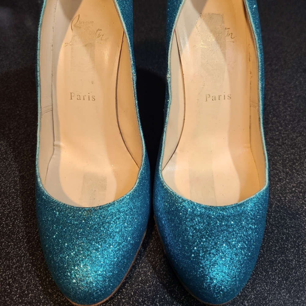 Christian Louboutin, size 38.5 heels, Blue sparkle
